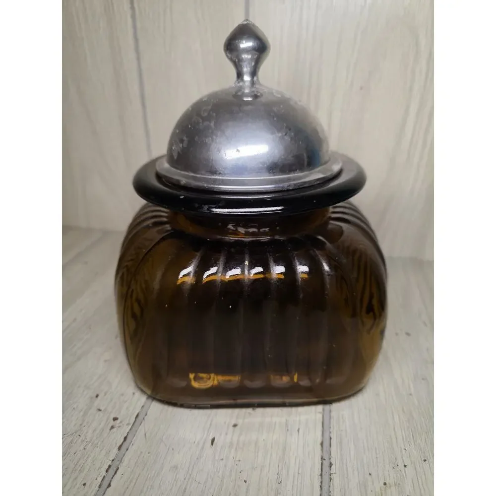 Vintage Artland Ribbed Glass Canister Jar 10” Amber Brown Pewter Lid Apothecary